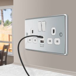 LAP  13A 2-Gang SP Switched Socket + 2.4A 12W 2-Outlet Type A & C USB Charger Polished Chrome with White Inserts