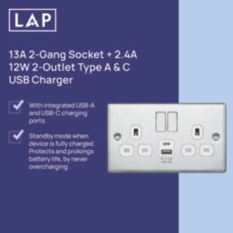 LAP  13A 2-Gang SP Switched Socket + 2.4A 12W 2-Outlet Type A & C USB Charger Polished Chrome with White Inserts