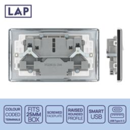 LAP  13A 2-Gang SP Switched Socket + 2.4A 12W 2-Outlet Type A & C USB Charger Polished Chrome with White Inserts
