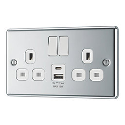 LAP  13A 2-Gang SP Switched Socket + 2.4A 12W 2-Outlet Type A & C USB Charger Polished Chrome with White Inserts