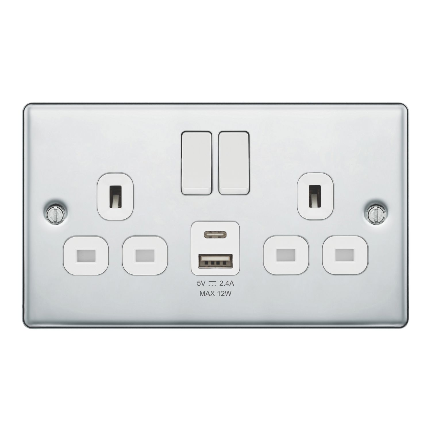 LAP 13A 2-Gang SP Switched Socket + 2.4A 12W 2-Outlet Type A & C USB Charger Polished Chrome with White Inserts (986PN)