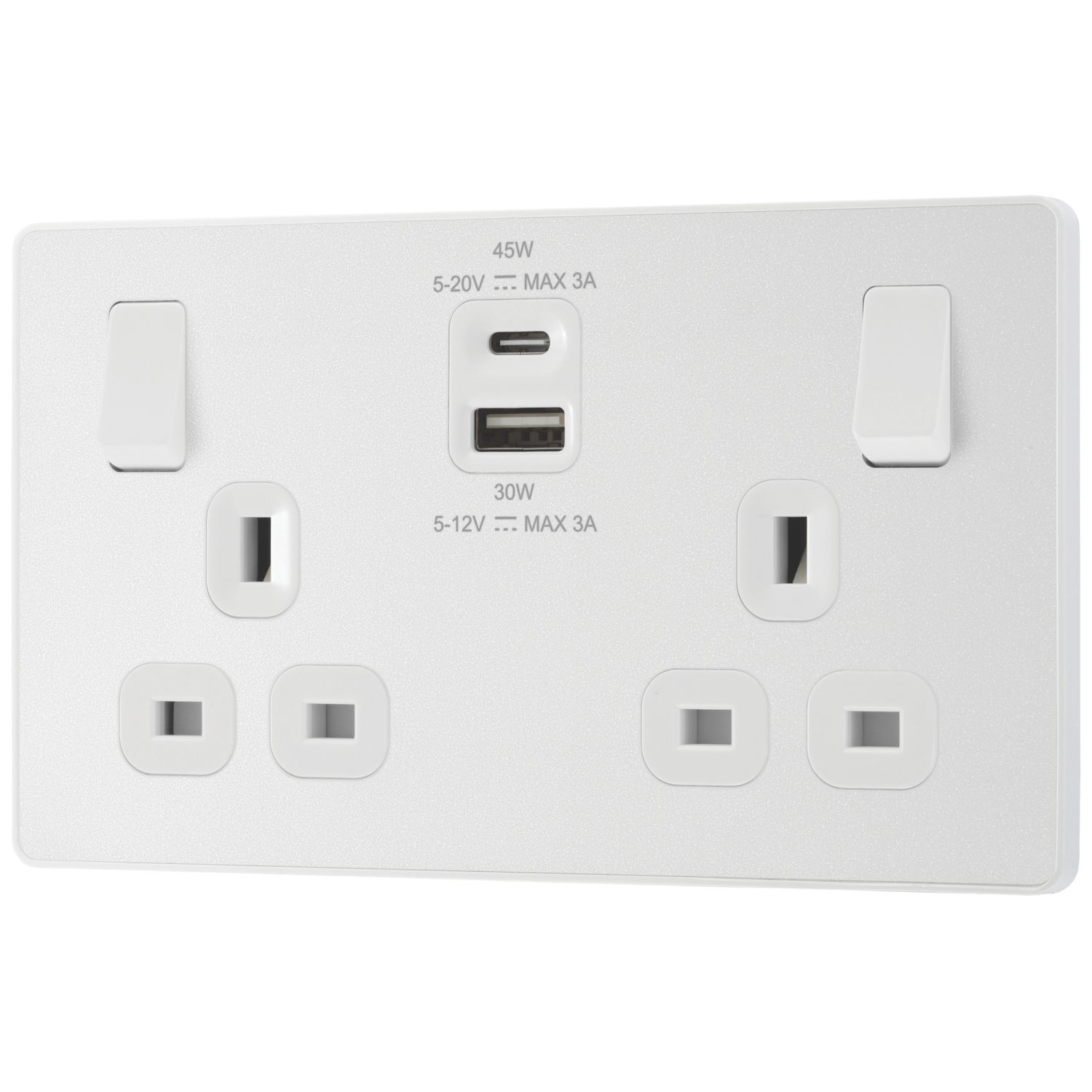 British General Evolve 13A 2-Gang SP Switched Socket + 3A 45W 2-Outlet Type A & C USB Charger Pearlescent White with White Inserts (986YV)