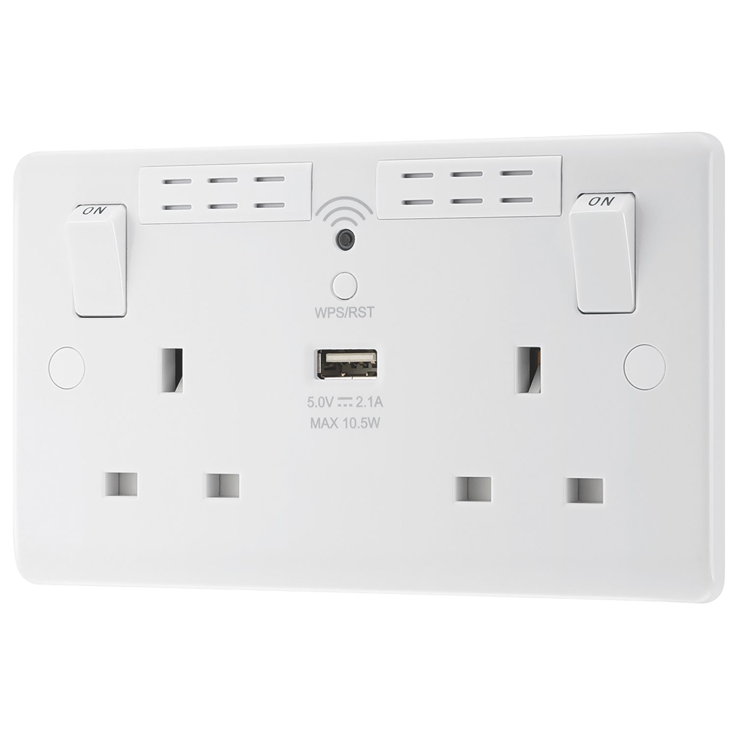 LAP 13A 2-Gang SP Switched Wi-Fi Extender + 2.1A 10.5W 1-Outlet Type A USB Charger White (988FV)