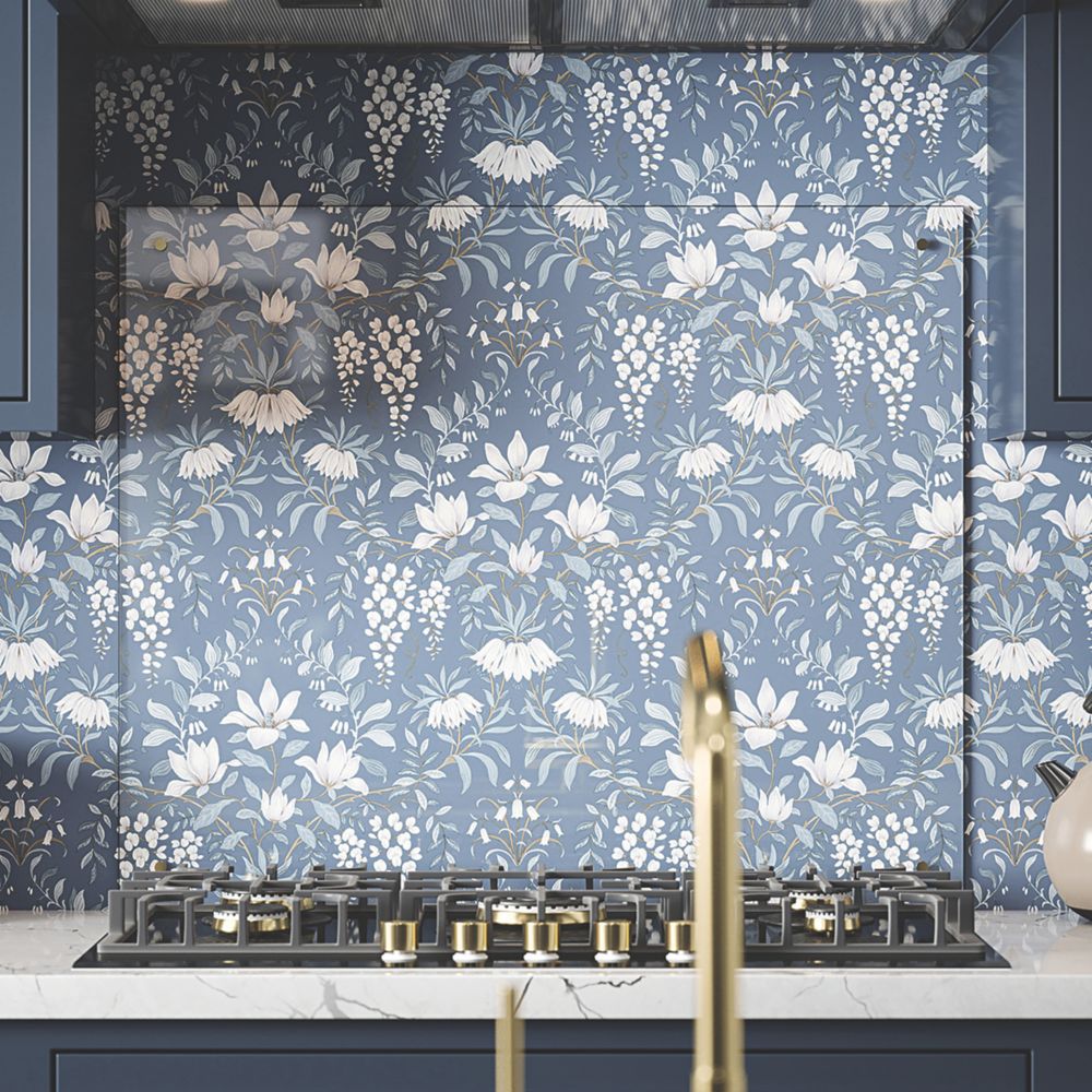Laura Ashley  Clear with Satin Chrome Caps Kitchen Splashback 900mm x 750mm x 6mm