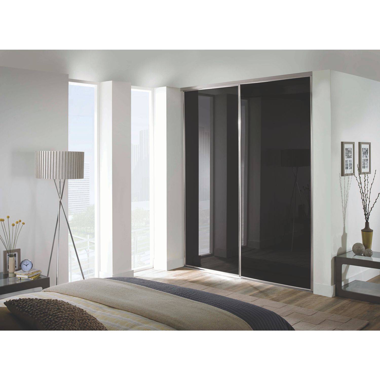 Spacepro Classic 2-Door Framed Glass Sliding Wardrobe Doors Black Frame Black Panel 1489mm x 2260mm (9908F)