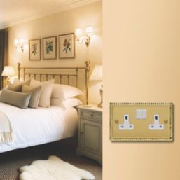 Varilight  13A 2-Gang 2-Pole Switched Socket Georgian Brass  with White Inserts