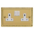 Varilight  13A 2-Gang 2-Pole Switched Socket Georgian Brass  with White Inserts