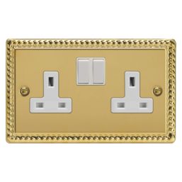 Varilight  13A 2-Gang 2-Pole Switched Socket Georgian Brass  with White Inserts
