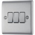 British General Nexus Metal 20A 16AX 3-Gang 2-Way Light Switch  Brushed Steel