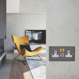 Varilight  13A 2-Gang SP Switched Socket + 3A 45W 2-Outlet Type C USB Charger Graphite Grey with White Inserts