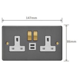 Varilight  13A 2-Gang SP Switched Socket + 3A 45W 2-Outlet Type C USB Charger Graphite Grey with White Inserts