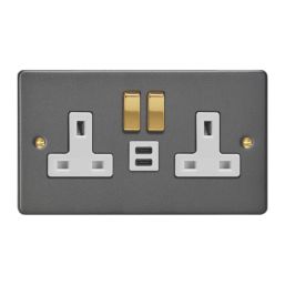 Varilight  13A 2-Gang SP Switched Socket + 3A 45W 2-Outlet Type C USB Charger Graphite Grey with White Inserts