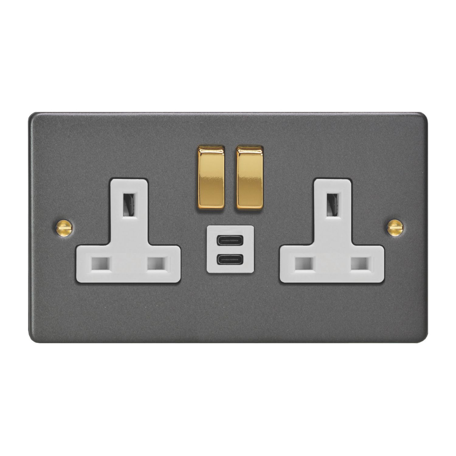 Varilight 13A 2-Gang SP Switched Socket + 3A 45W 2-Outlet Type C USB Charger Graphite Grey with White Inserts (992EC)