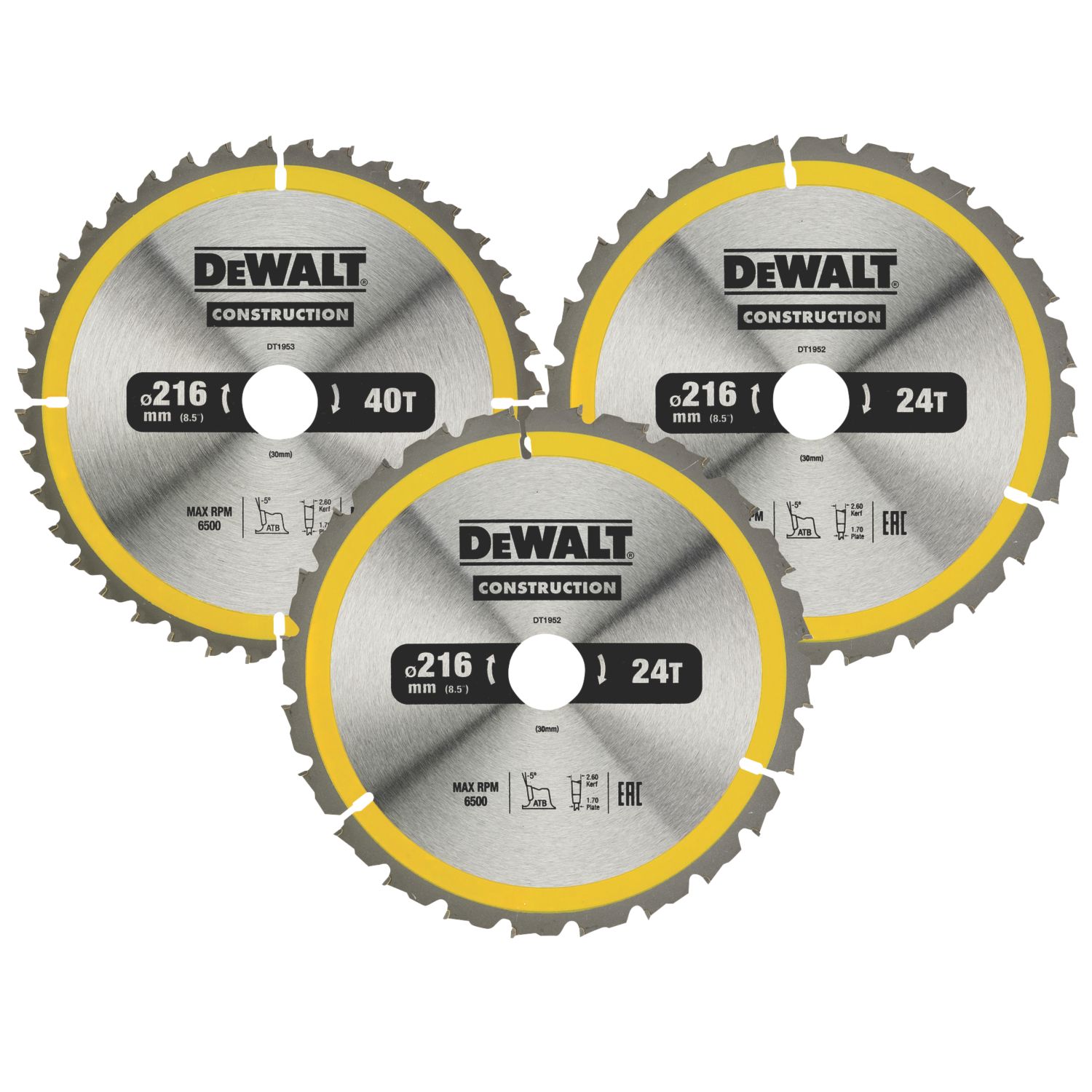 DeWalt Wood/Plastic Circular Saw Blades 216mm x 30mm 24/40T 3 Pieces (992KJ)