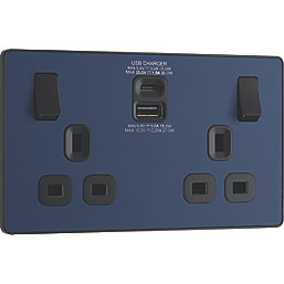 British General Evolve 13A 2-Gang SP Switched Socket + 3A 2-Outlet Type A & C USB Charger Blue with Black Inserts