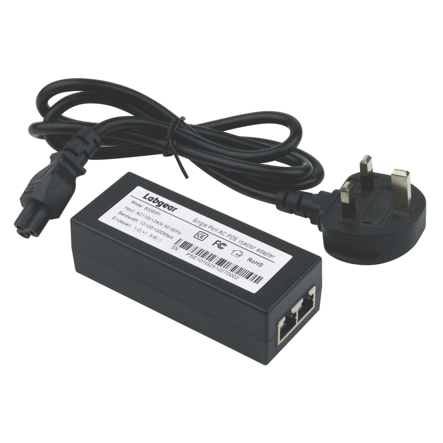 Labgear Gigabit 2 Port PoE+ Power Injector 30W Black (993AW)