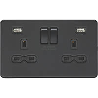 Knightsbridge SFR9224MBB 13A 2-Gang SP Switched Socket + 2.4A 2-Outlet Type A USB Charger Matt Black with Black Inserts