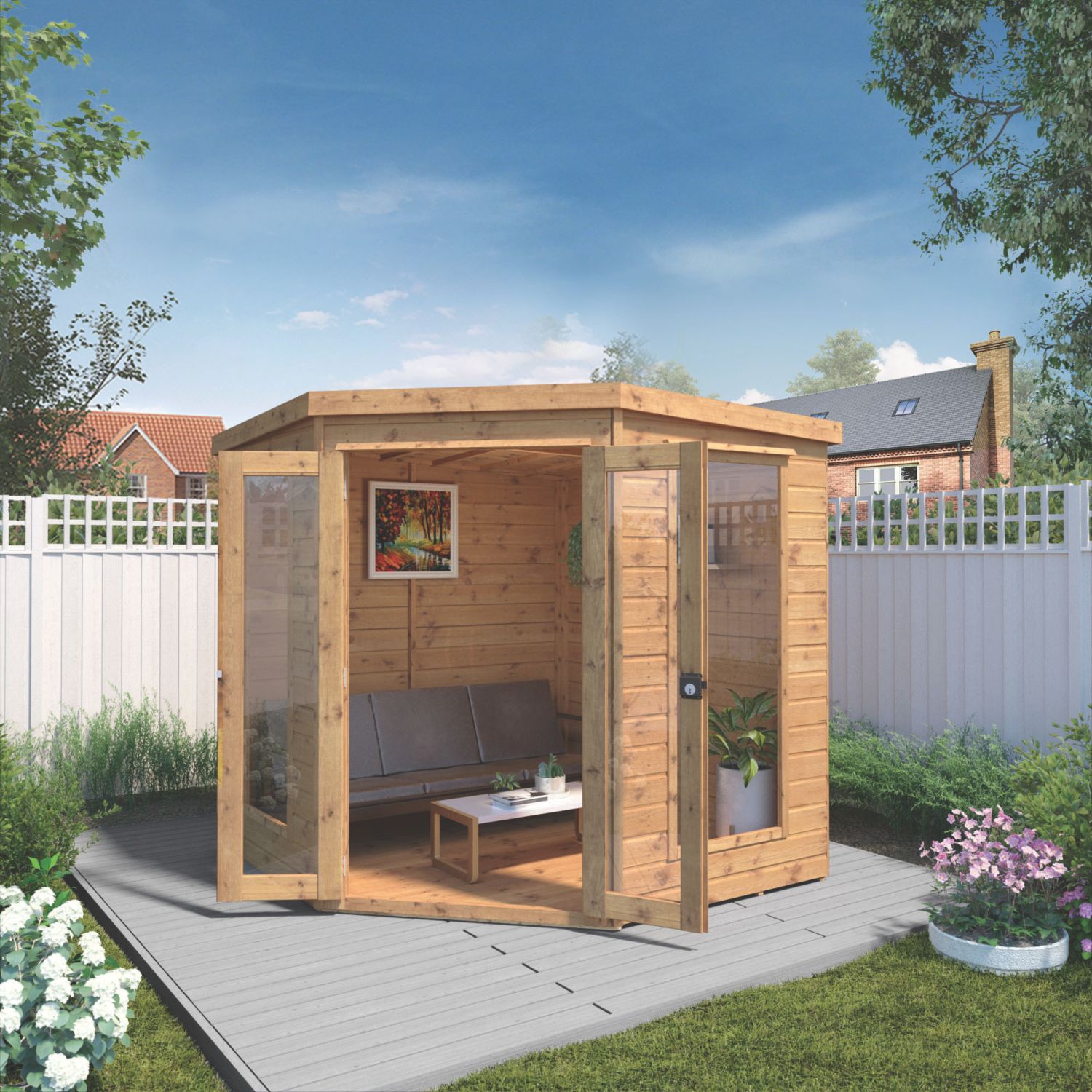Mercia Premier Corner 6' 6" x 6' 6" (Nominal) Pent Timber Summerhouse (994YL)