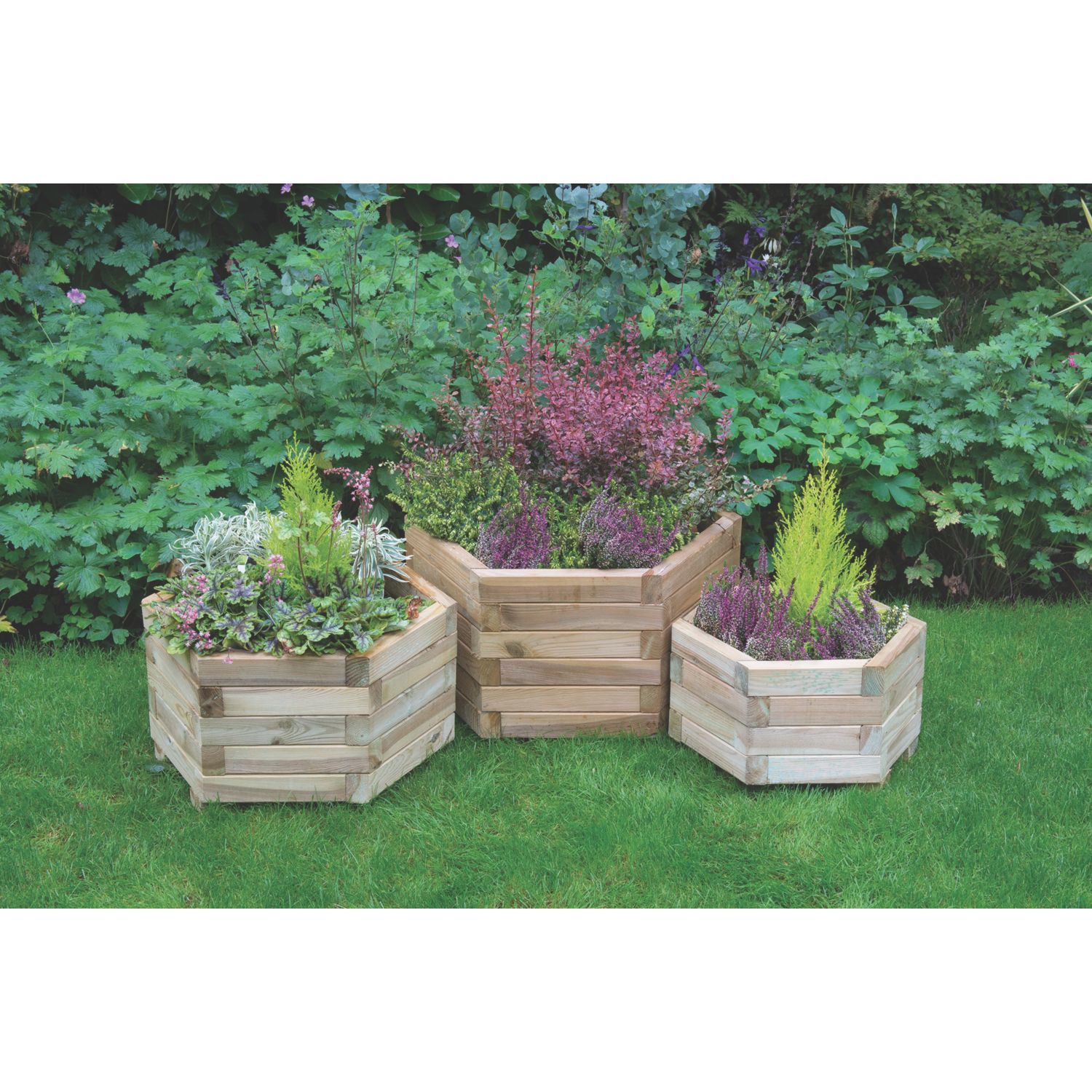 Forest York Hexagonal Planter Set Natural Wood 520mm x 600mm x 330mm 3 Pieces (9957X)