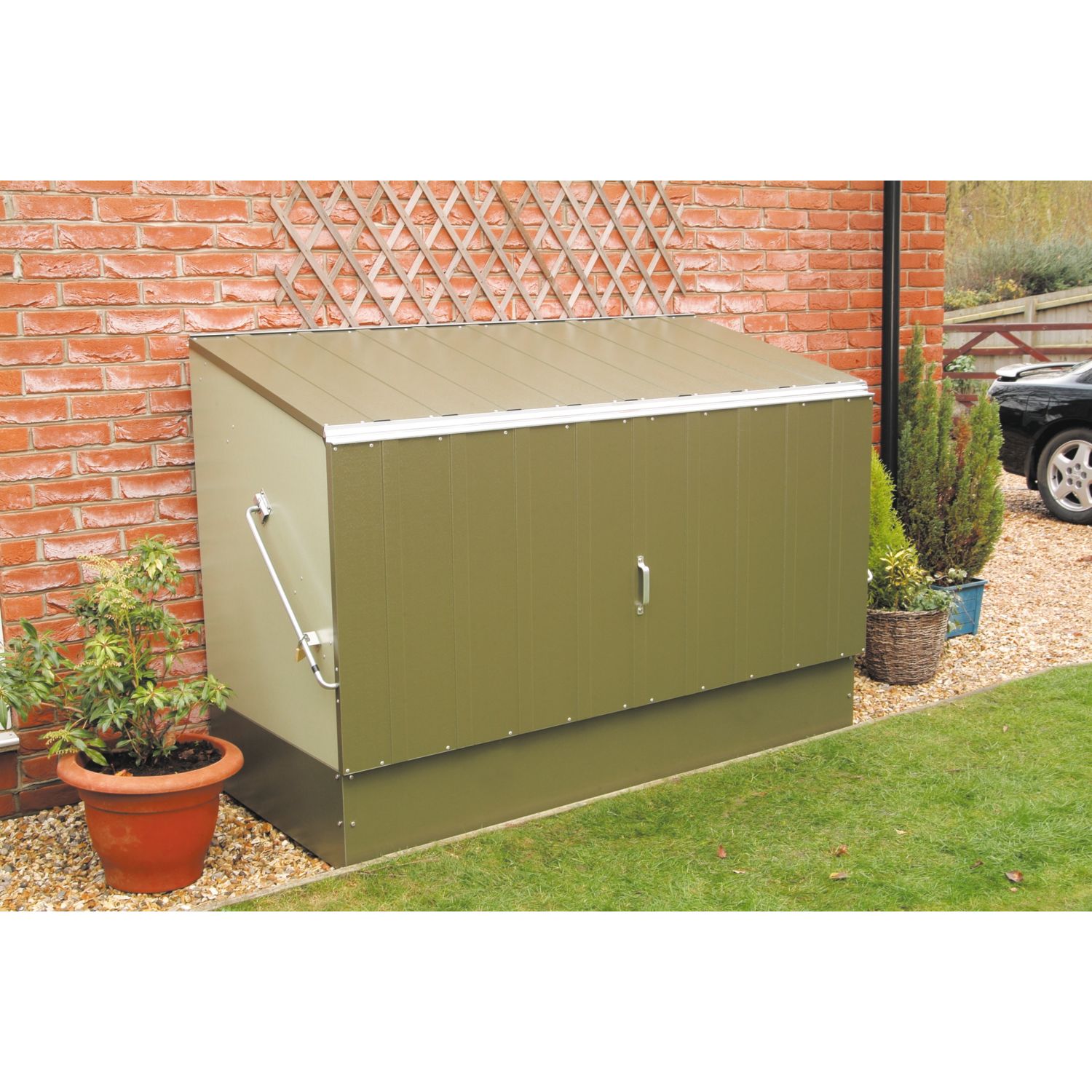 Trimetals 6' 6" x 3' (Nominal) Pent Metal Bike Store with Base Olive/Moorland Green (996RY)