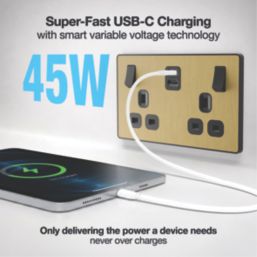 British General Evolve 13A 2-Gang SP Switched Socket + 3.25A 45W 2-Outlet Type C USB Charger Satin Brass with Black Inserts