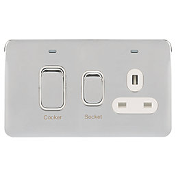 Schneider Electric Lisse Deco 45A 2-Gang DP Cooker Switch & 13A DP Switched Socket Polished Chrome with LED with White Inserts