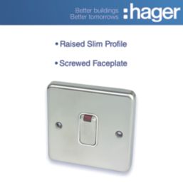 Hager Sollysta WRDP84NBSW 20A 1-Gang 2P+E Control Switch Brushed Steel with LED with White Inserts