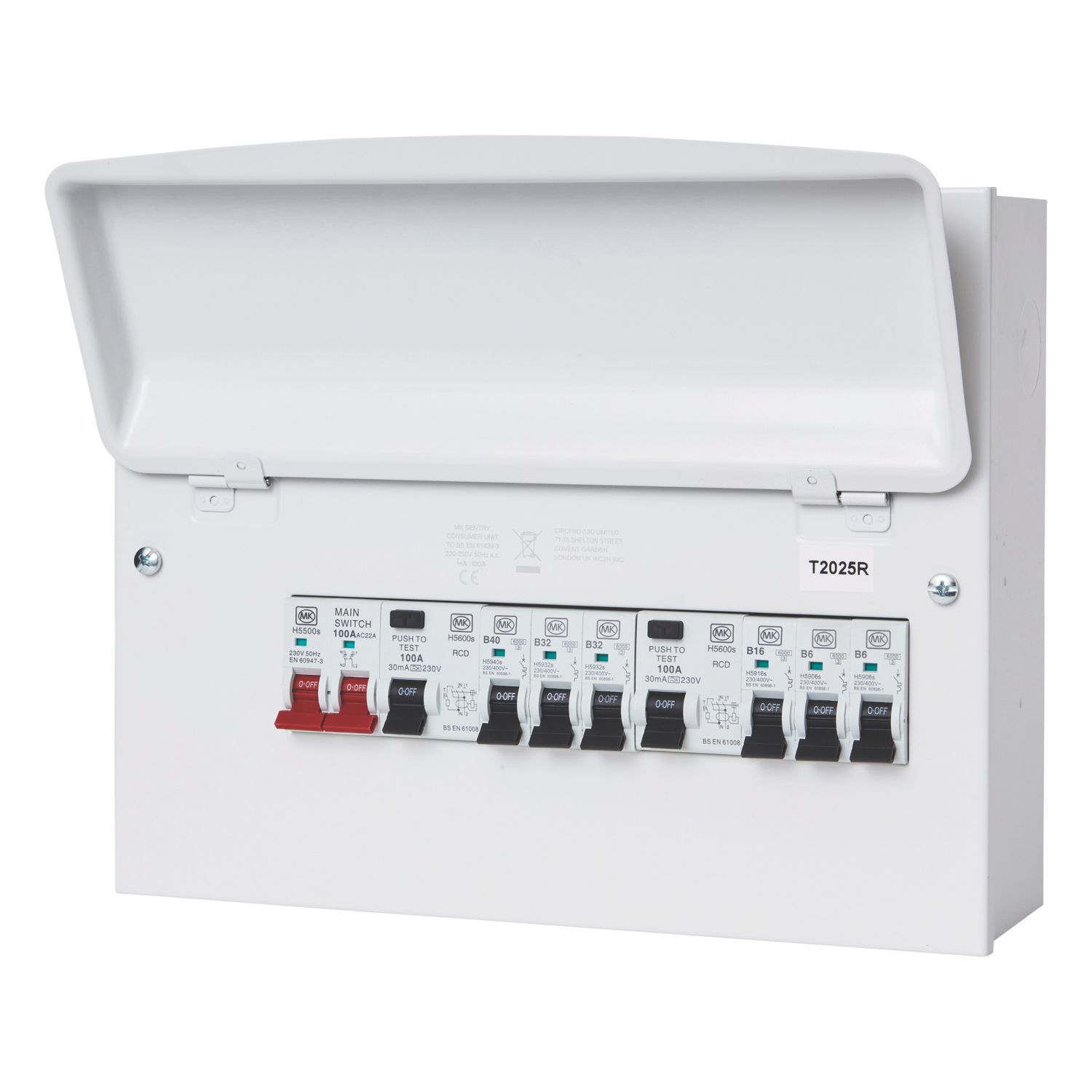 MK Sentry 12-Module 6-Way Populated High Integrity Dual RCD Consumer Unit (999VF)