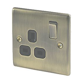 British General Nexus Metal 13A 1-Gang DP Switched Plug Socket Antique Brass  with Black Inserts