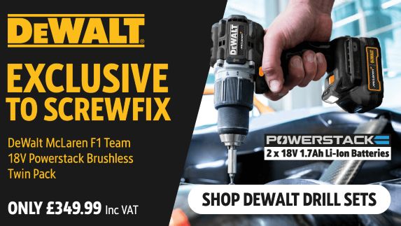 Exclusive to Screwfix  DeWalt McLaren F1 Team 18V Powerstack Brushless Twin Pack. Shop DeWalt Drill Sets