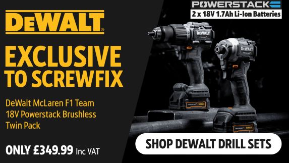 Exclusive to Screwfix  DeWalt McLaren F1 Team 18V Powerstack Brushless Twin Pack. Shop DeWalt Drill Sets