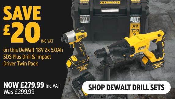 Save £20 Inc VAT on this DeWalt 18V 2 x 5.0Ah Brushless SDS Plus Drill & Impact Driver Twin Pack. Shop DeWalt Drill Sets