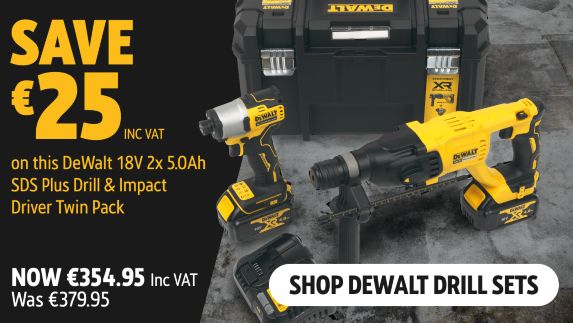 Save €25 Inc VAT on this DeWalt 18V 2 x 5.0Ah SDS Plus Drill & Impact Driver Twin Pack. Shop DeWalt Drill Sets