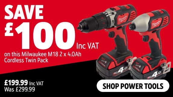 Save £100 Inc VAT on this Milwaukee M18 2 x 4.0Ah Cordless Twin Pack