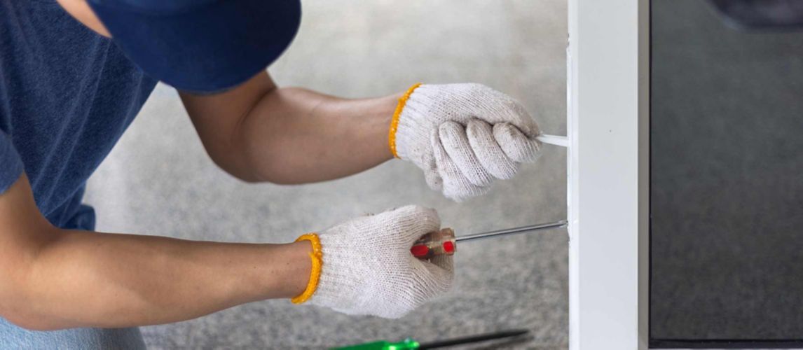 Man crouched holding a screwdriver adjusting uPVC door hinge