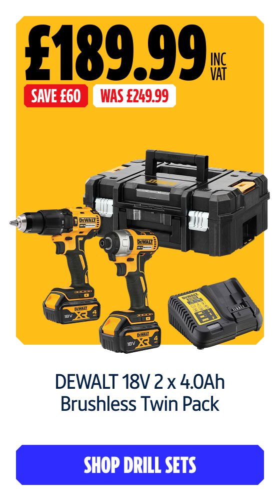 Save £60 Inc VAT on this DEWALT 18V 2 x 4.0Ah Brushless Twin Pack. Shop Drill Sets