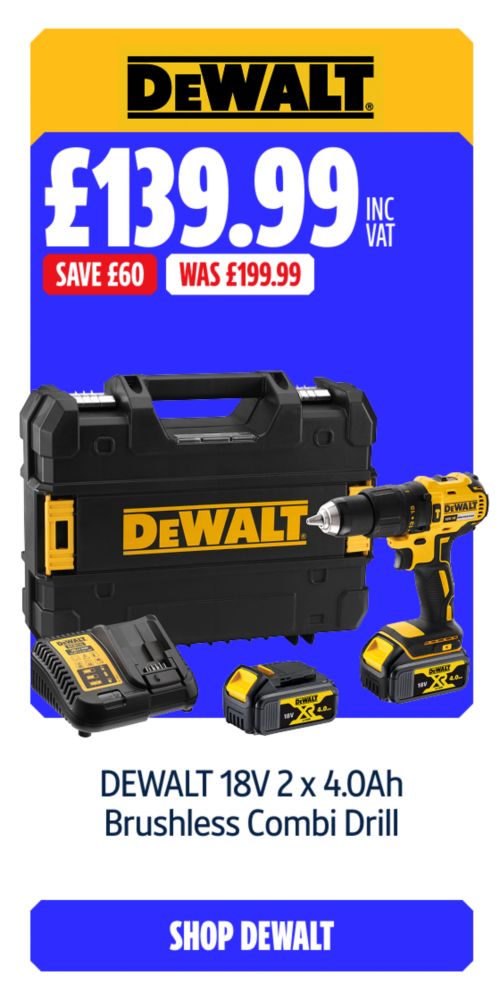 Save £60 Inc VAT on this DEWALT 18V 2 x 4.0Ah Brushless Combi Drill. Shop DEWALT