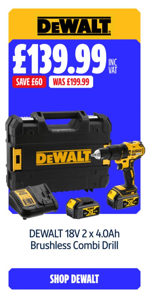 Save £60 Inc VAT on this DEWALT 18V 2 x 4.0Ah Brushless Combi Drill. Shop DEWALT