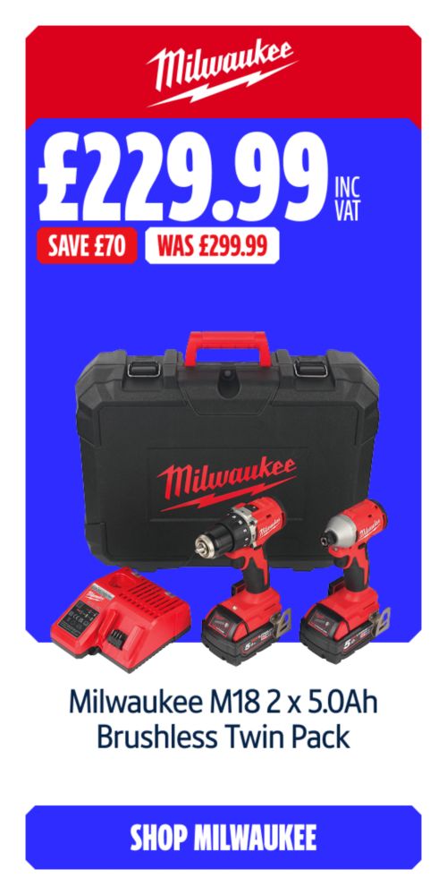 Save £70 Inc VAT on this Milwaukee M18 2 x 5.0Ah Brushless Twin Pack. Shop Milwaukee
