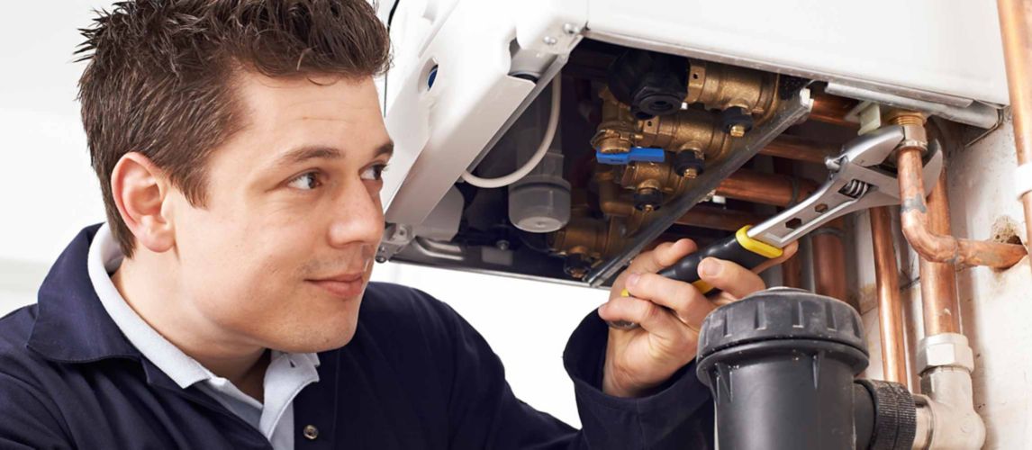 Standard domestic boiler in a kitchen.