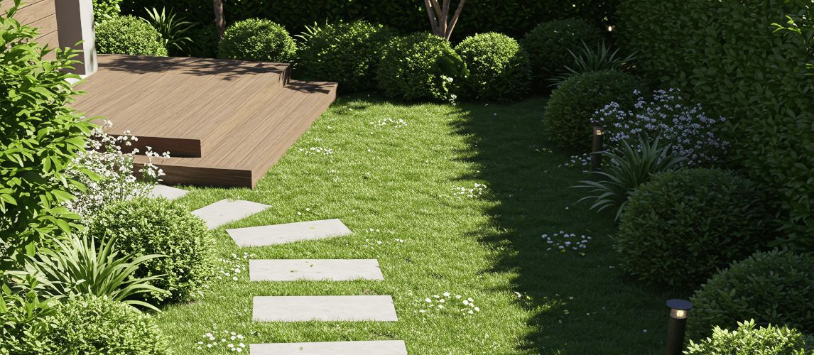 stepping stone path through a small garden space with shrubs and wooden decking.