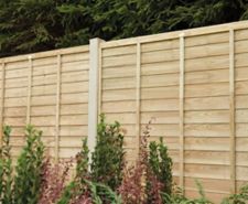 Lap panel fence with shrubbery in front
