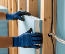 Insulation workers  hands fit thermal panels inside a wall cavity