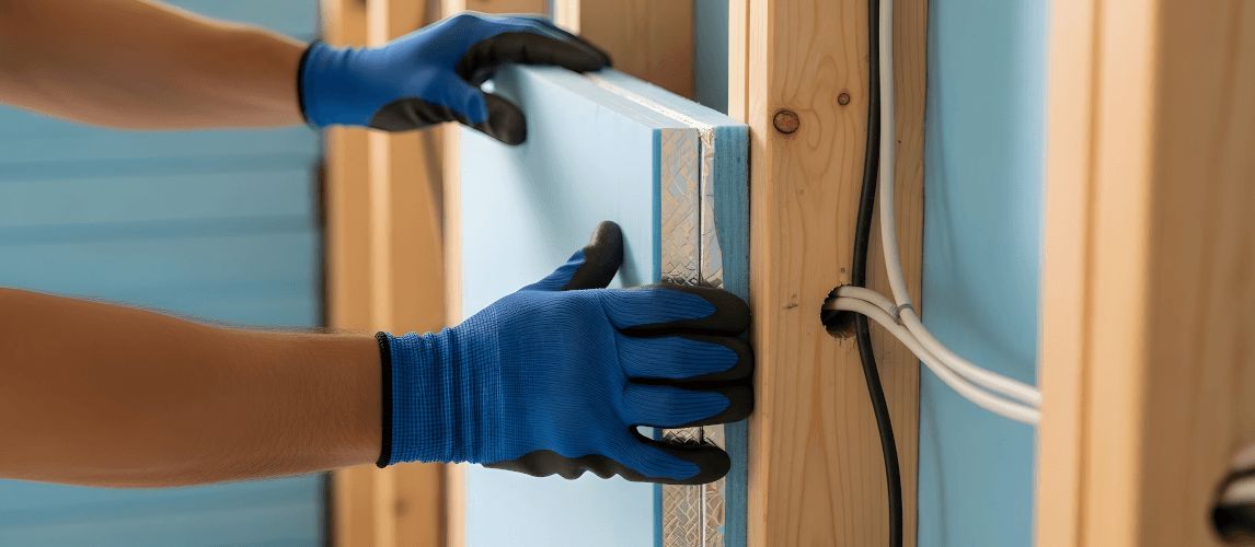 Insulation workers  hands fit thermal panels inside a wall cavity