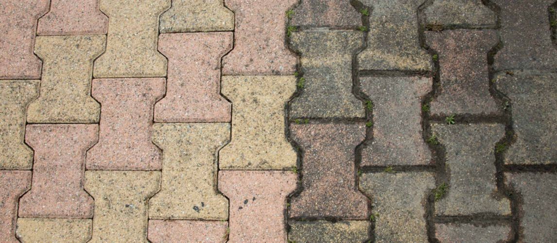 Paved slabs, half clean and half dirty