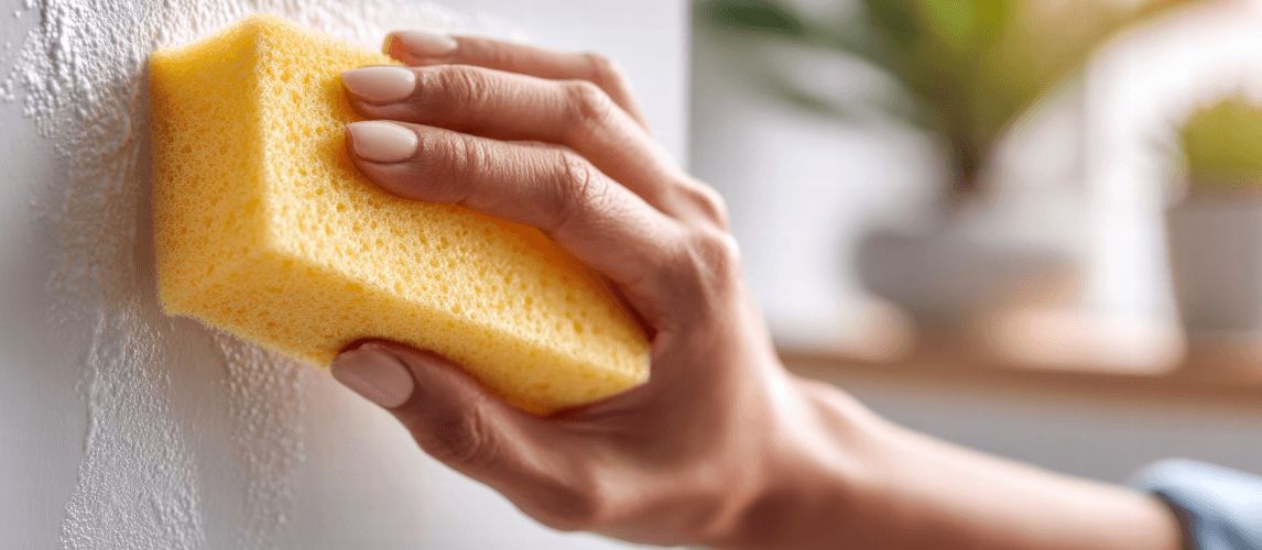 A hand uses a sponge to clean a white wall, removing marks and stains effectively.