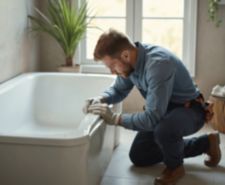person measuring bath panel in bathroom