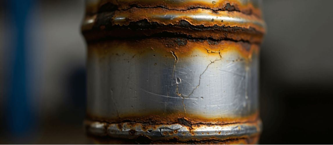 Close-up of rusted weld seams on a metal pipe showing corrosion and cracking.