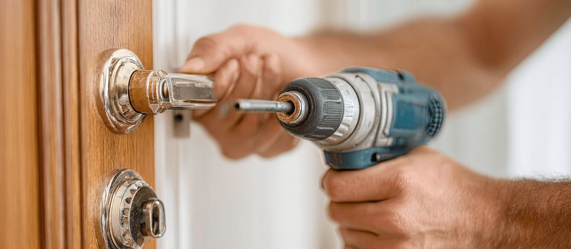 A person works on a door lock with a power drill.