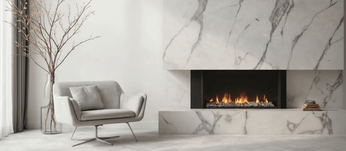 Modern living room features sleek fireplace with warm flames, accented by minimalist armchair and tall vase with dry branches.